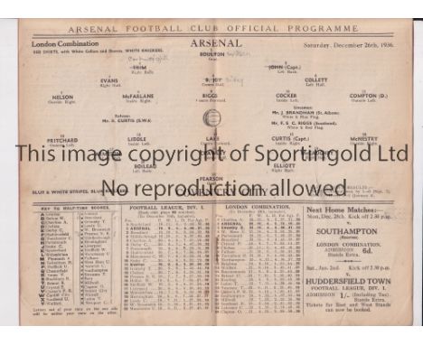 ARSENAL       Programme for the home London Combination match v Coventry City 26/12/1936, slightly marked.   Generally good
