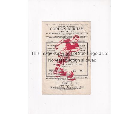 WORKINGTON 1951/2 / FIRST LEAGUE SEASON     Programme for the home League match v Gateshead 1/3/1952, creased.      Fair to g