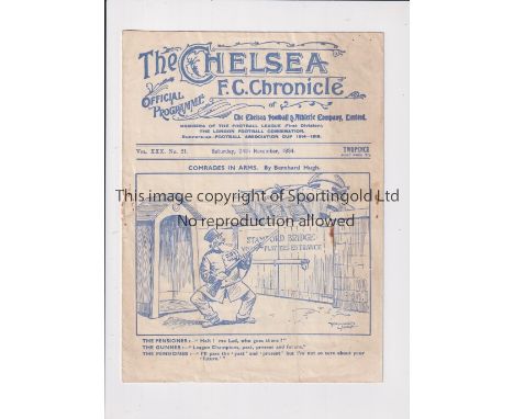 CHELSEA  V ARSENAL 1934       Programme for the League match at Chelsea 24/11/1934, slightly creased and staple rusted away. 