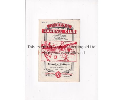 WORKINGTON 1951/2 / FIRST LEAGUE SEASON     Programme for the away FA Cup tie v Liverpool 12/1/1952, staple rusted away.     