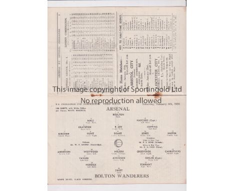 ARSENAL       Programme for the home FA Cup tie v Bolton Wands. 8/1/1938, slight horizontal crease and staples rusted away.  