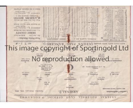 ARSENAL      Programme for the home London Combination match v QPR 10/2/1934, creased, staples rusted away and scores entered