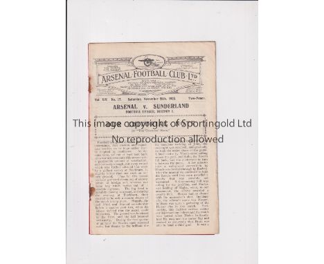 ARSENAL      Programme for the home League match v Sunderland 28/11/1925, rusty staples.    Generally good