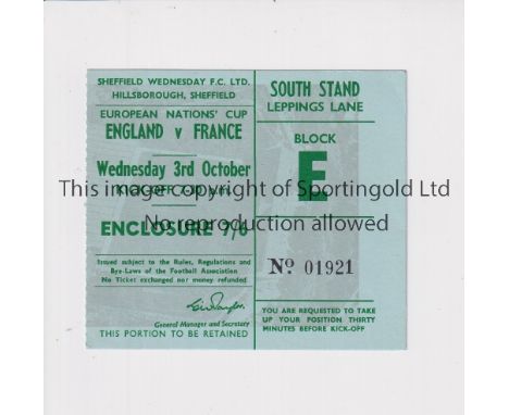 ENGLAND V FRANCE 1962 AT SHEFFIELD WEDNESDAY       Ticket for the Nations Cup match 3/10/1962 at Hillsborough.    Good