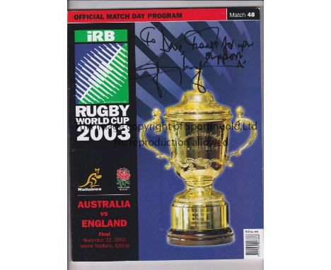 2003 RUGBY WORLD CUP FINAL / JONNY WILKINSON AUTOGRAPH      Programme for the Final in Sydney, Australia v England with a ded