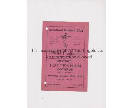 TOTTENHAM HOTSPUR       Programme for the away London Combination match v Brentford 12/10/1935, punched holes and slightly cr