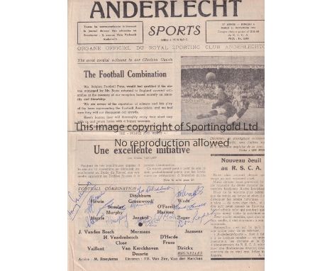 LONDON COMBINATION V BRUSSELS 1952 / AUTOGRAPHS     Scarce Anderlecht Sports official programme for the match in Brussels 11/