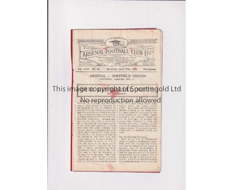 ARSENAL      Programme for the home League match v Sheffield United 12/4/1930, slightly creased and slightly worn.    Fair to