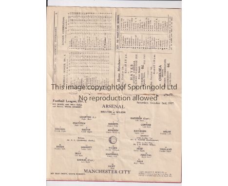 ARSENAL       Programme for the home League match v Manchester City 2/10/1937, slightly worn.    Fair