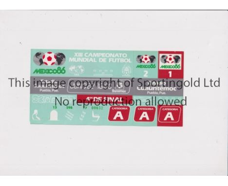 1986 WORLD CUP      Unused ticket for Spain v Belgium, Quarter-Final 22/6/1986 at the Cuauhtemoc Stadium. Staple holes on the