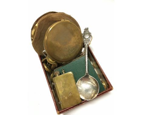 A pair of silver Gibraltar spoons, trench art cigarette lighter, various buttons and compacts and other items.