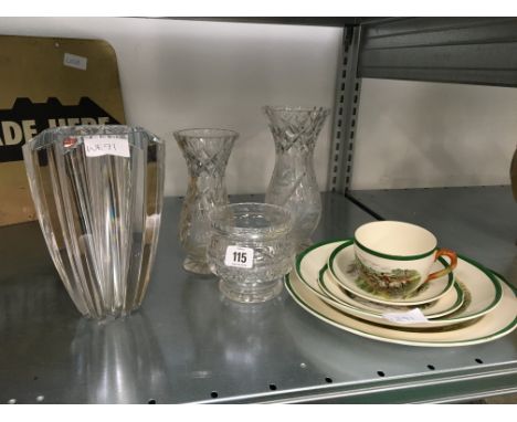 An Orrefors fluted glass vase together with three various cut glass vases and five pieces of Copeland Spode Hunting china (ex