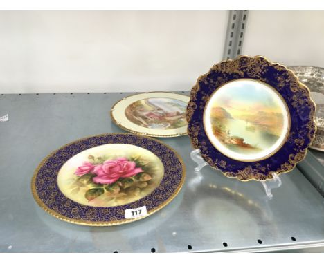 A Paragon bone china plate with painted rose decoration by F. Wright together with another, an apprentice piece decorated wit