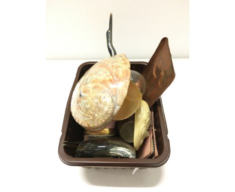 A carton of collectables including Mother of Pearl shells and a Newlyn style copper pin tray decorated with a Sailing Boat.