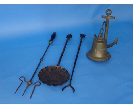 A Georgian Toasting Fork, Iron Fork, Skillet and a Ships Bell