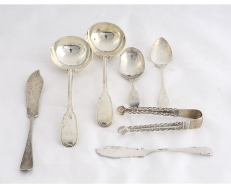 2 Silver Sauce Ladles, Silver Sugar Tongs, Silver Jam Spoon, 2 Silver Butter Knives and a Silver Caddy Spoon - 9.5oz