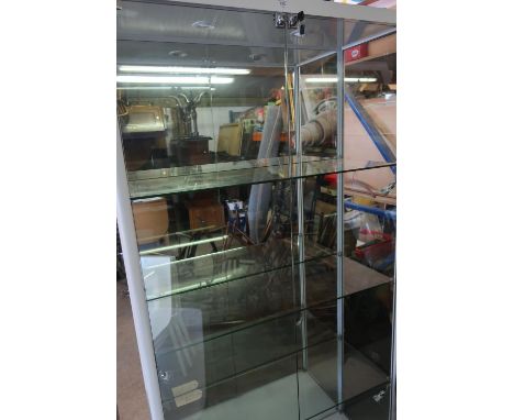 Crystal Glass Cabinet Limited modern white metal framed display cabinet, back and three shelves, interior lighting with two k