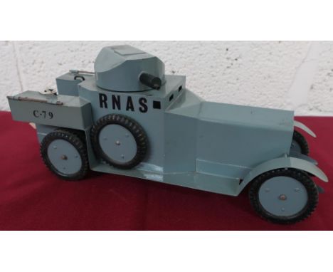 Hand made tin plate scale model of a WW1 RNAS Armoured Car, C. 79, grey body with swivel turret and opening rear storage comp