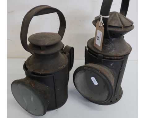 Linley &amp; Co 1917 twin lens railway lamp (47cm) and a similar lamp by G Polkey Ltd with burner (31cm) (2) 