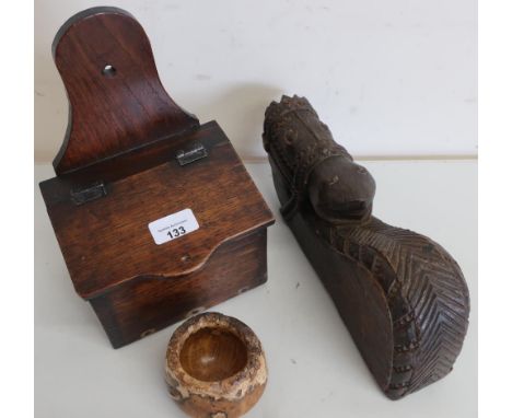 Oak corbel, carved as a horses head (height 9cm), small early 20th C oak candle box (height 25cm) and a small burr elm vase (