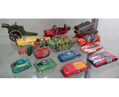 French tin plate Jeep with water pump trailer, Chinese friction powered fire engines, Chiefs car, similar taxi, two clockwork