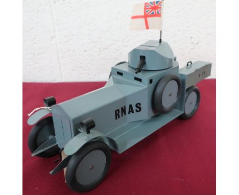 Hand made tin plate scale model of a WW1 RNAS Armoured Car, A. 34, grey body with swivel turret, opening rear storage compart