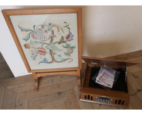 Retro record player and radio, No.10605 and a folding tapestry table/screen (2) 