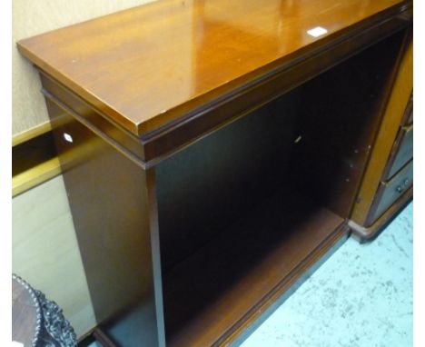 Mahogany open bookcase with two adjustable shelves (97cm x 100cm x 32cm) and a Stag Minstrel bedside cabinet (53cm x 46cm x 5