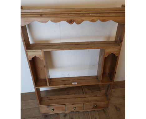 Vintage pine three tier wall rack, with three spice drawers (63cm x 102cm) 