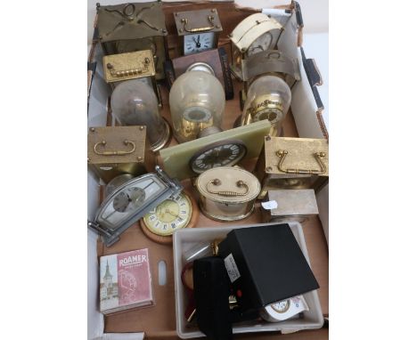 Art Deco chromium plated bedroom time piece, Schatz eight day carriage clock with visible escapement, other brass cased clock