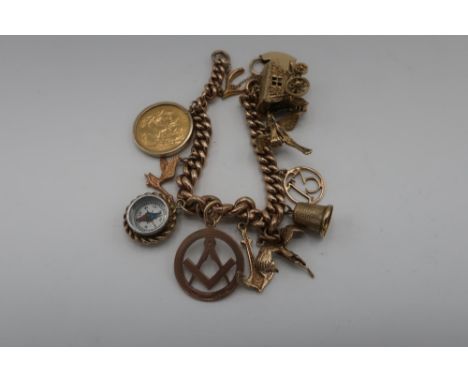 9ct gold charm bracelet with heart shaped padlock clasp and 11 charms including 1907 Edward 7th full loose mounted sovereign,