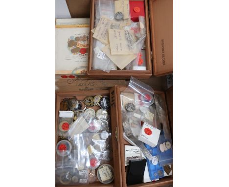 7 wooden cigar boxes containing various watch parts including dials, main springs, complete movements, from makers such as Ti