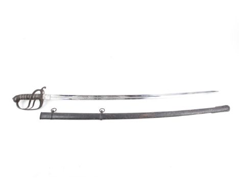 A Victorian Madras artillery sword and scabbard by Andrews, Pall Mall. The blade marked 'PROVED' below the hilt and with a cr