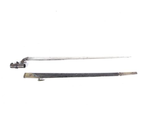 A late 19th century Martini Henry pattern 1876 bayonet. Marked WD below arrow and E below crown to scabbard and R, 57, WD, E 