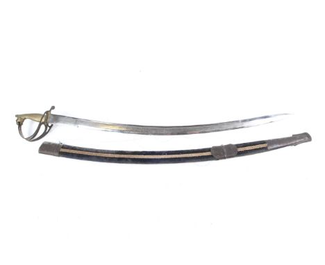 A Sikh ceremonial sword. Marked 'Golden Temple' below the hilt, with a brass hilt in the form of a tiger, the scabbard covere