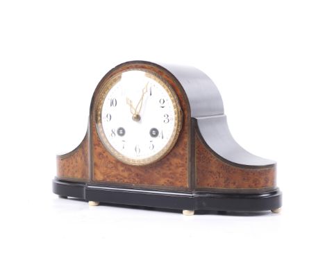 A 20th century German Lenzirch Commode mantel clock. Ebonized and walnut veneered case, white enamel dial, Arabic numerals an