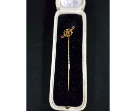 VICTORIAN 15 CARAT GOLD, RUBY &amp; DIAMOND TIE/HAT PIN IN ORIGINAL BOX