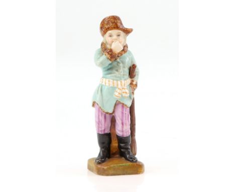 19th century porcelain figurine of a male clothed in a brown hat, black boots and green tunic with sash, possibly after the C