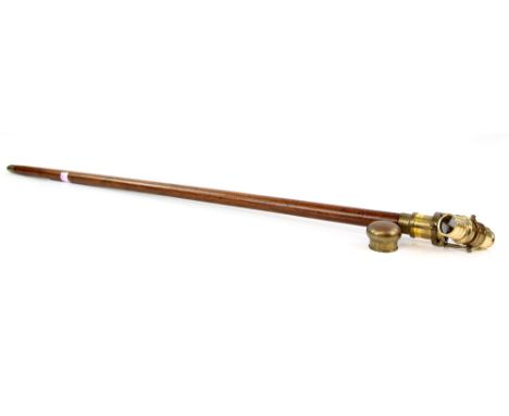 Brass mounted telescope walking stick, brass handle unscrews and telescope extends out and pivots, 94cm long,.     .     