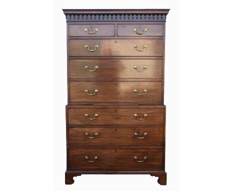 19th century mahogany tallboy, of two short over three long graduated drawers and three further graduated drawers below, on b