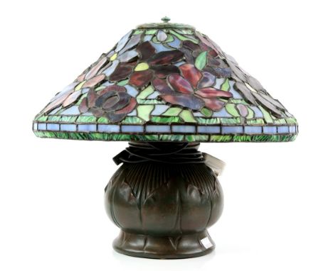 Tiffany style table lamp, metal base with coloured glass shade of floral decoration, 36cm high,.     .     