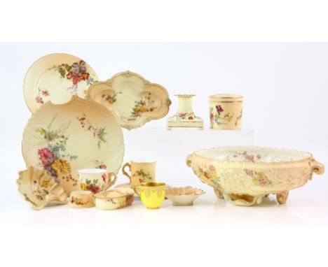 Royal Worcester blush ivory collection of items including late 19th century footed bowl with floral decoration, pattern no 16