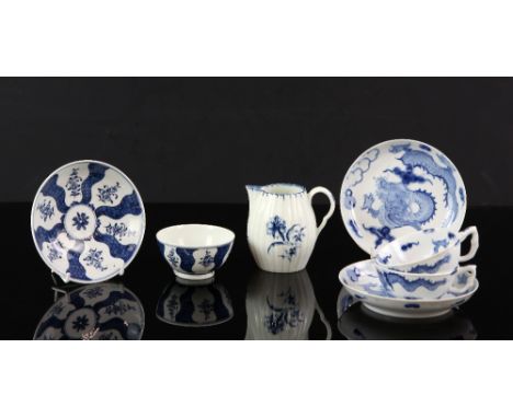 Two Lowestoft style dragon pattern cups and saucers, and another tea-bowl and saucer, and a cream jug with crescent mark to b