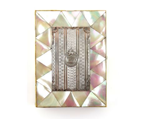 19th century diamond patterned mother of pearl card case with an engine turned silver  plated panel, the interior with marker