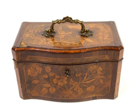 19th century walnut and floral marquetry inlaid serpentine tea caddy hinged top enclosing brass covered compartments, 13x 22 