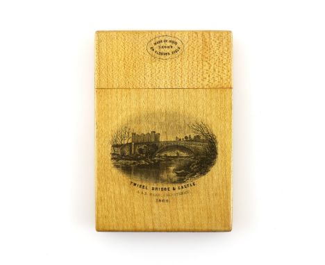 Robb brothers Coldstream, Mauchline ware card case decorated with Twisel Bridge and castle, marked for A and R Robb 10 x 7 cm