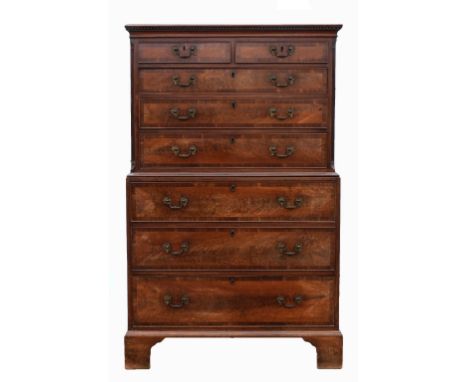 George III walnut and crossbanded tallboy of two short over five long graduated drawers on bracket feet, 173.5cm x 107cm x 50