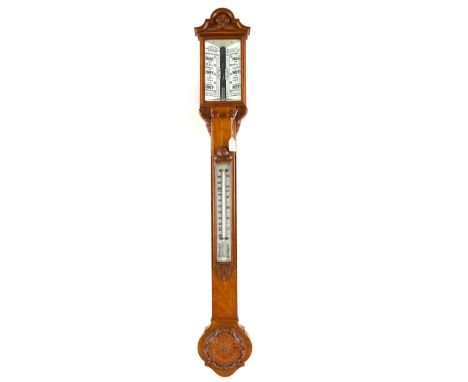 19th century oak stick barometer  retail mark for J Hicks 8,9&amp;10 Hatton Garden London, 103cm.     .     