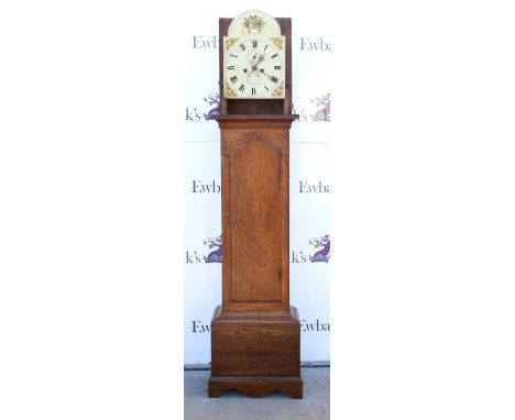 18th century oak eight day longcase clock with two train movement, with dial painted with floral decoration and Roman numeral