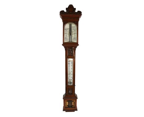 19th century carved mahogany stick barometer, with porcelain weather dial and thermometer, 115 cm  .     No maker's mark.    